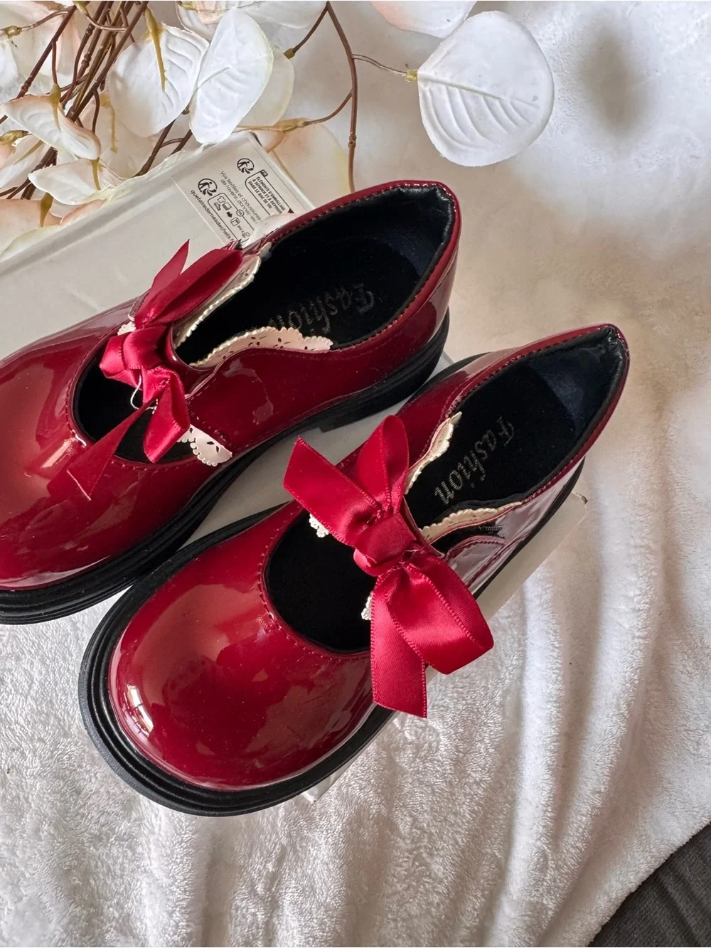 SHEIN Red Patent Mary Jane Shoes with Bow and Lace